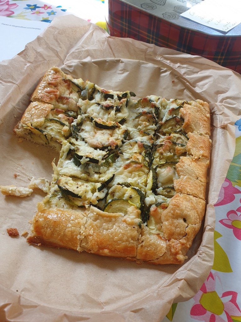 Courgetter galette on a plate - two slices have been eaten already.